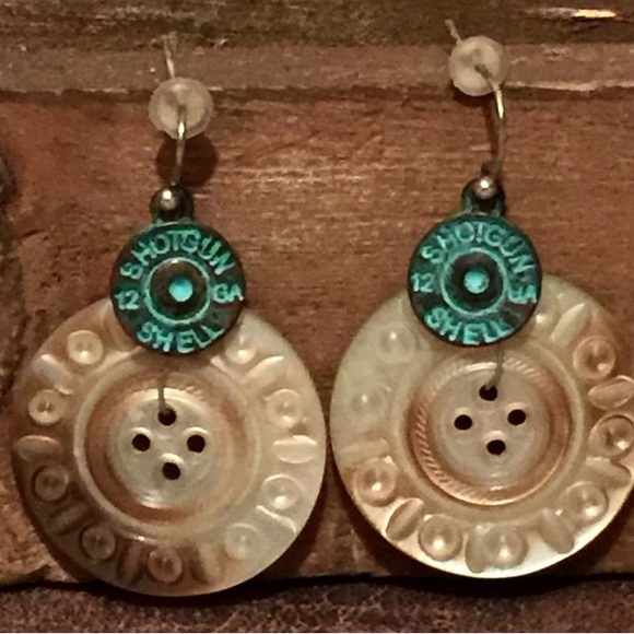 Artesian Shotgun Shell & Button Dangle Pierced Earrings Woman’s Jewelry - Picture 4 of 6